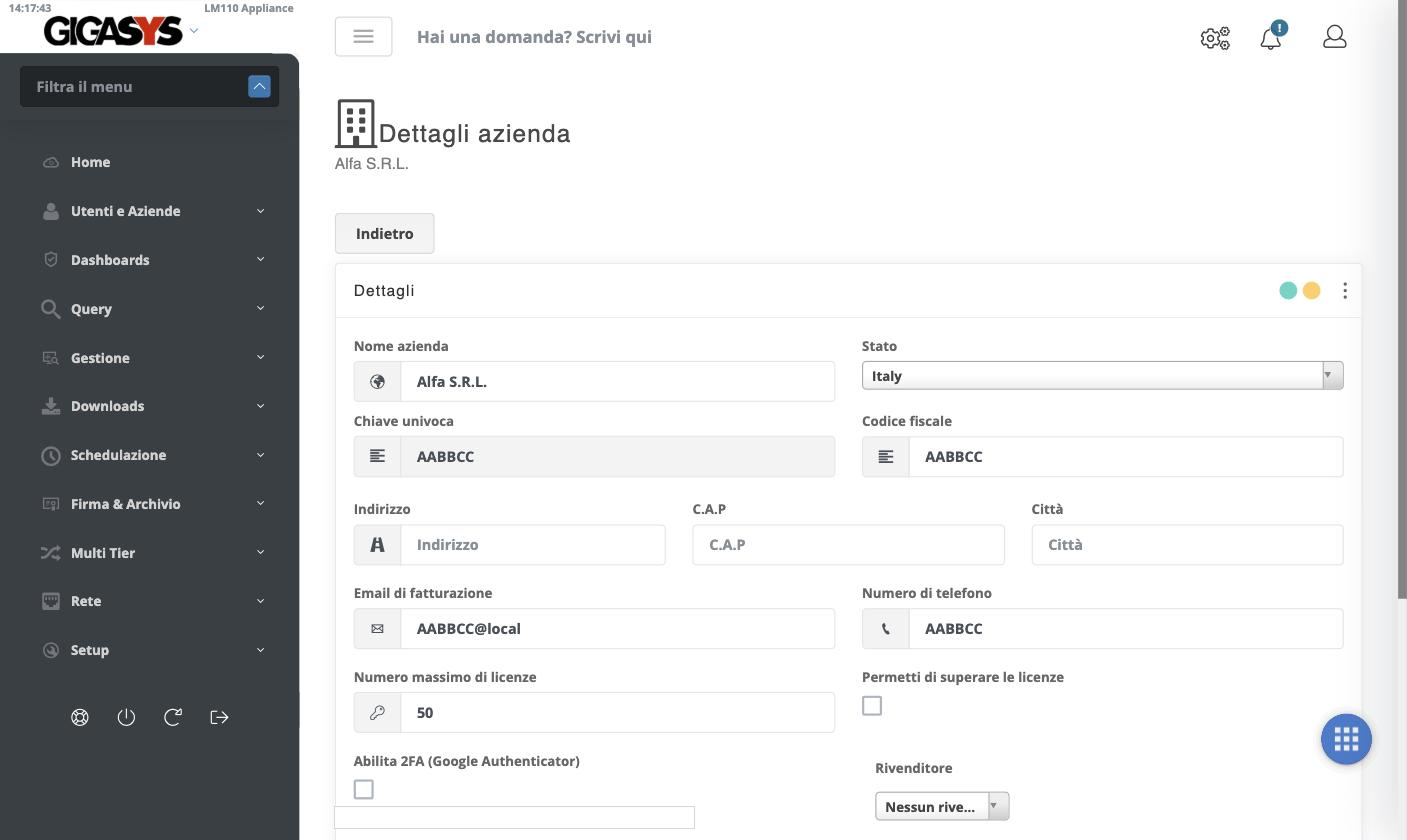 Scheda azienda: anagrafica e licenze