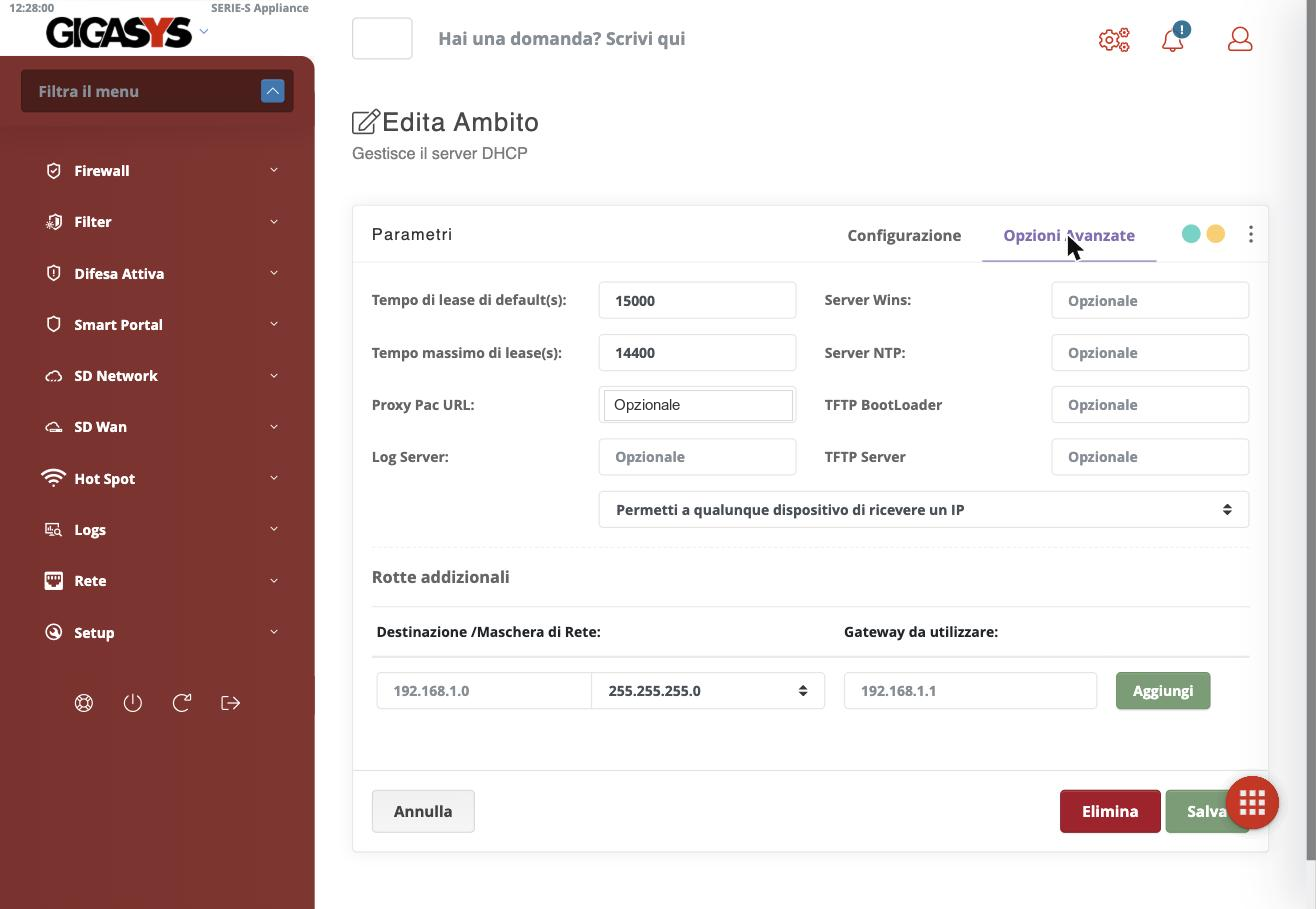 Le opzioni avanzate di un ambito