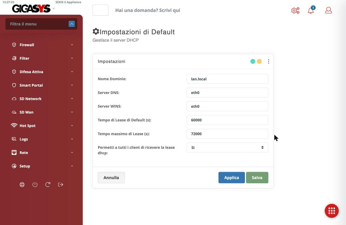 Le impostazioni di default del server