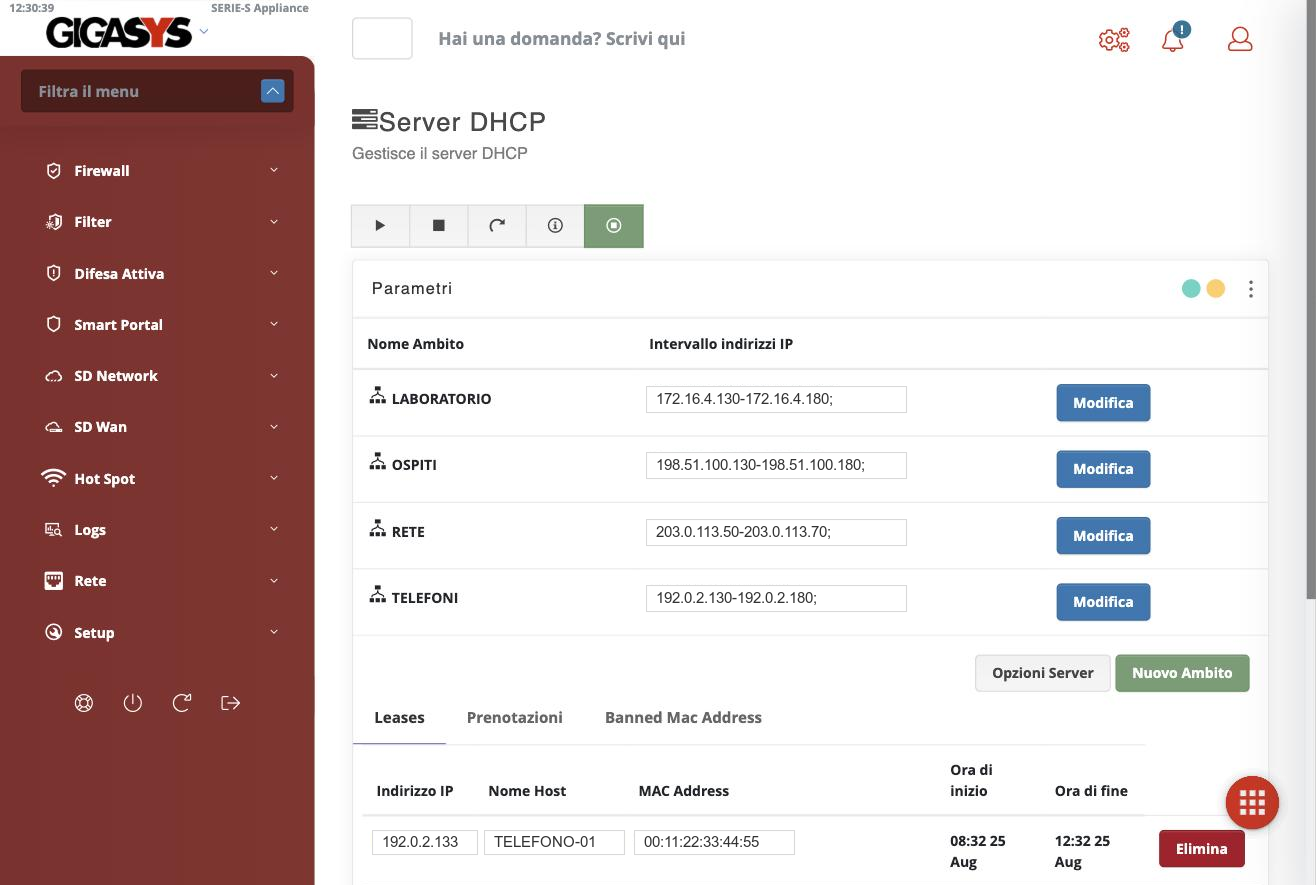 La pagina del server DHCP: gli ambiti configurati e i lease attivi